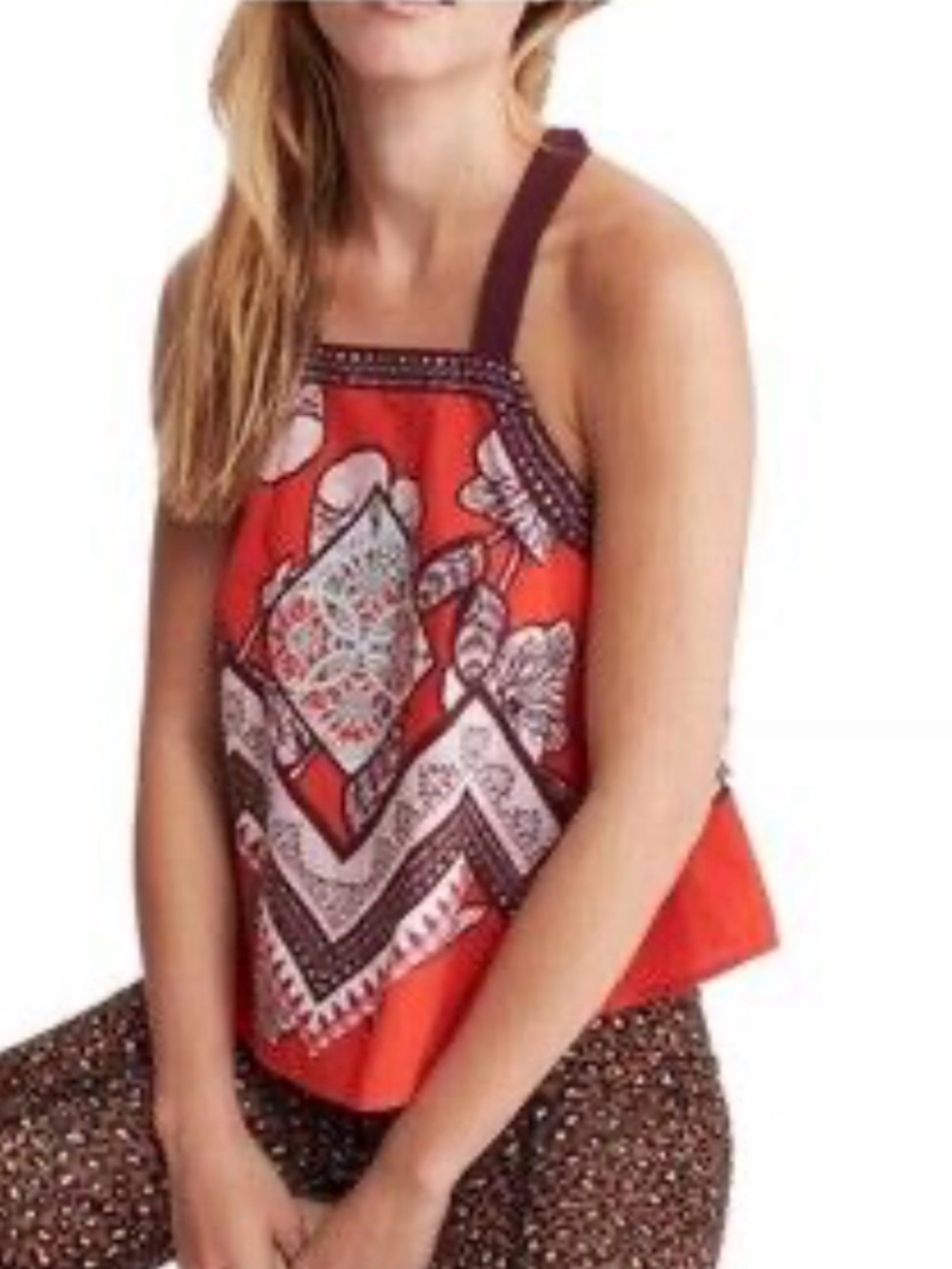Free People 100% Cotton Tribal Printed Halter Tank with Purple Straps